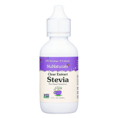 NuNaturals Clear Extract Stevia bottle with dropper, ideal for sugar-free beverages.