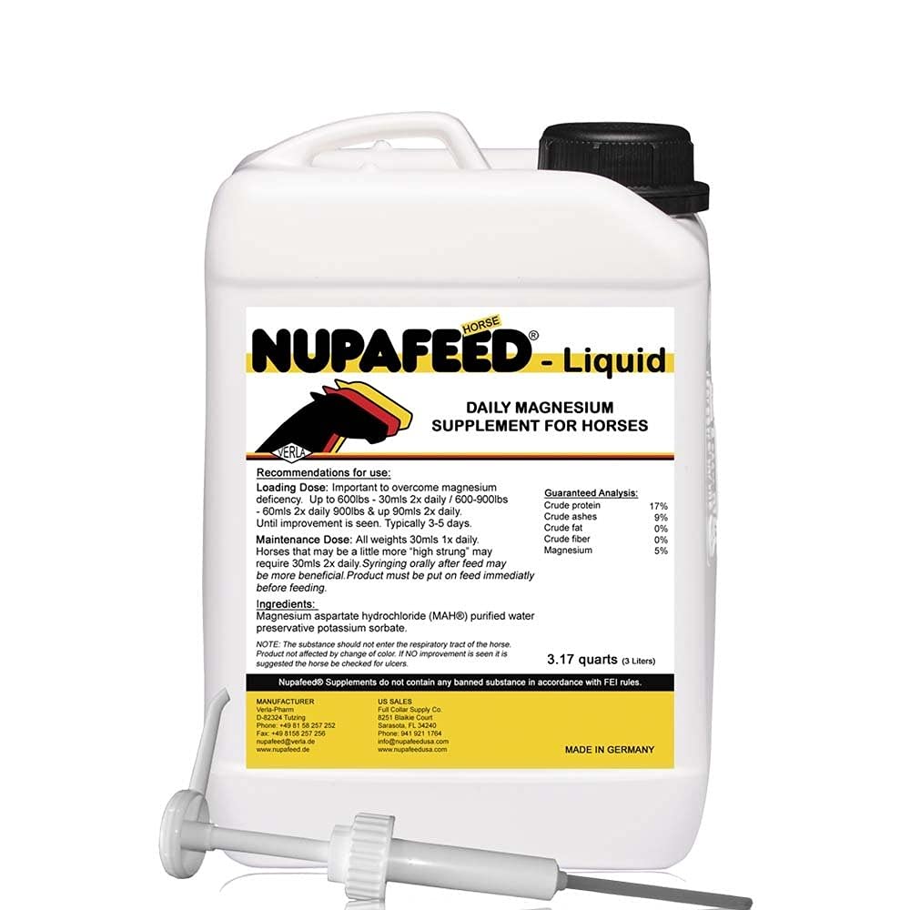 Nupafeed Magnesium Daily Liquid bottle pouring into horse feed for daily calming support