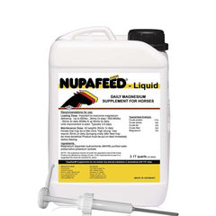 Nupafeed Magnesium Daily Liquid bottle pouring into horse feed for daily calming support