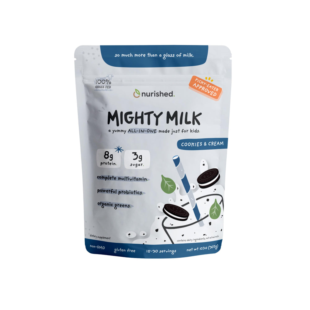 Nurished Mighty Milk bottle pour shows kid-friendly nutrition on the go