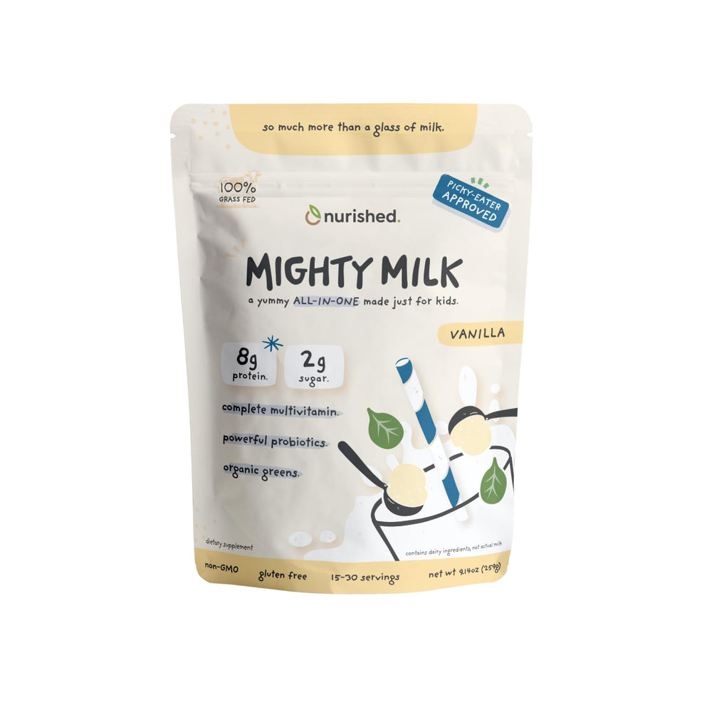 Nurished Vanilla Mighty Milk bottle closeup, protein-rich daily shake for kids