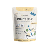Nurished Vanilla Mighty Milk bottle closeup, protein-rich daily shake for kids