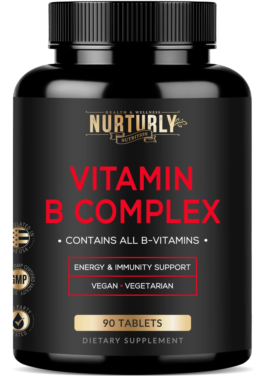 NURTURLY Vitamin B Complex bottle front view shows essential vitamins for daily energy.