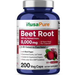 NusaPure Beet Root Extract bottle with capsules emphasizing high potency for daily wellness