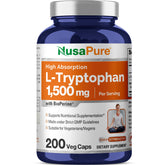 NusaPure L-Tryptophan bottle front showing vegan, non-GMO label for daily wellness.
