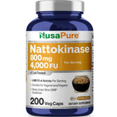 NusaPure Nattokinase bottle front with vegan capsules and clear branding