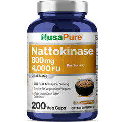 NusaPure Nattokinase bottle front with vegan capsules and clear branding