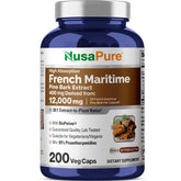 NusaPure Pine Bark 30:1 extract bottle label shows vegan, non-GMO formulation.