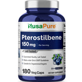 NusaPure Pterostilbene 150mg bottle with 180 vegan capsules for daily antioxidant support.