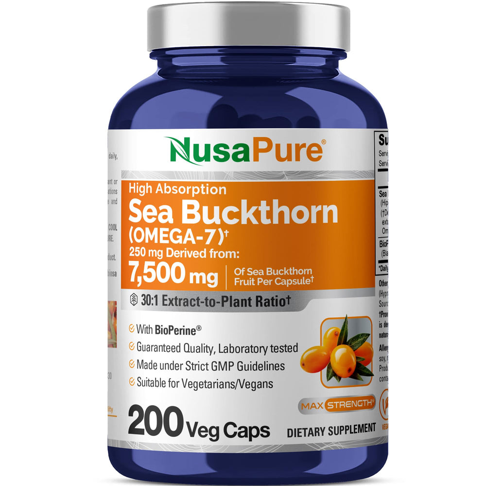 NusaPure Sea Buckthorn Omega-7 bottle front view for daily vegan wellness
