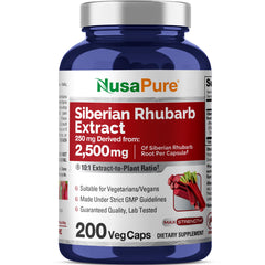 NusaPure Siberian Rhubarb 10:1 extract bottle, high-potency daily supplement.