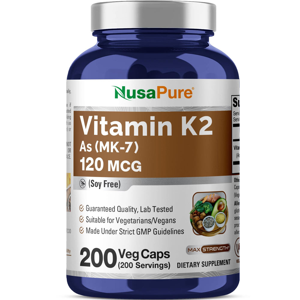 NusaPure Vitamin K2 MK7 bottle with 200 veggie capsules for easy daily use.