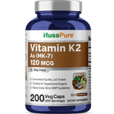 NusaPure Vitamin K2 MK7 bottle with 200 veggie capsules for easy daily use.
