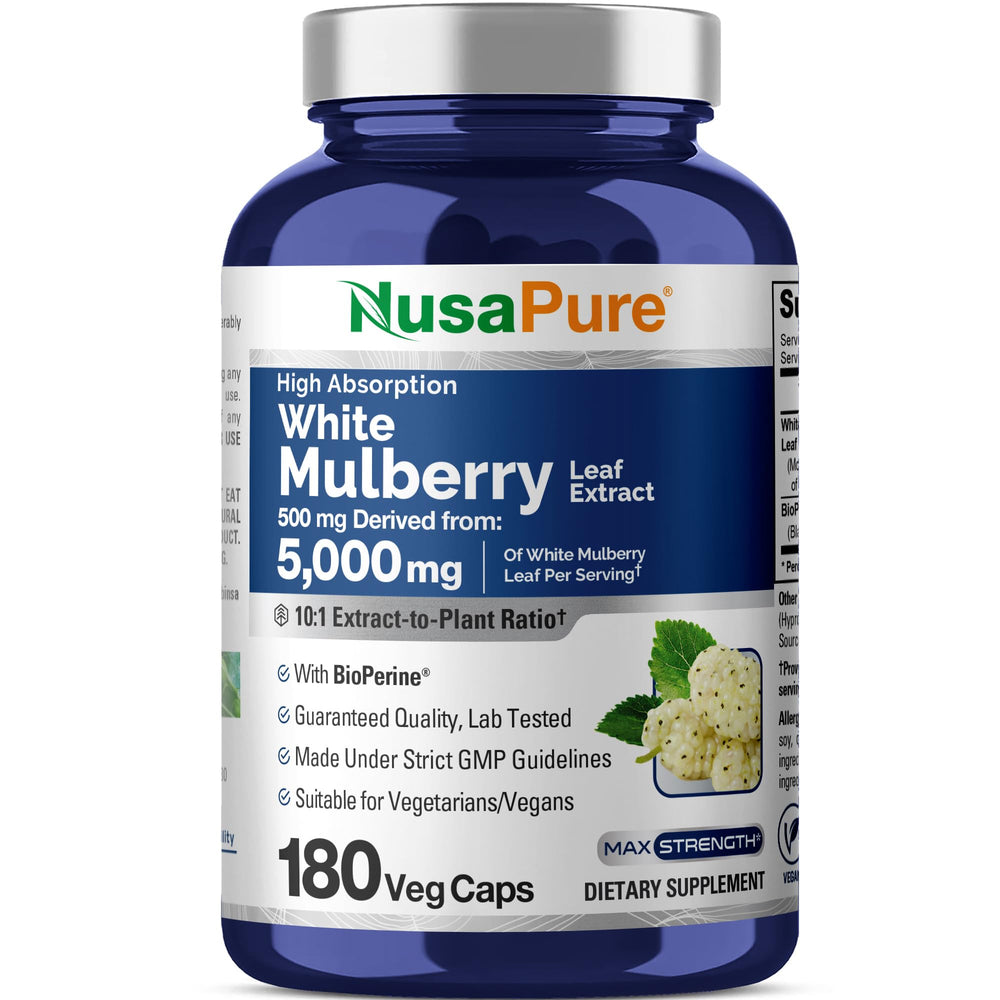 NusaPure white mulberry leaf extract bottle displays a potent 10:1 formula.