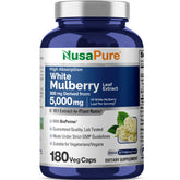 NusaPure white mulberry leaf extract bottle displays a potent 10:1 formula.