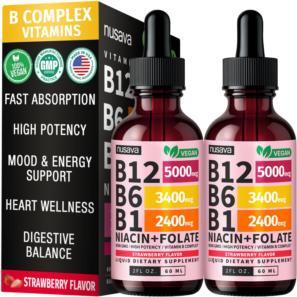 Nusava Vitamin B12 drops bottle showing high potency for daily energy support