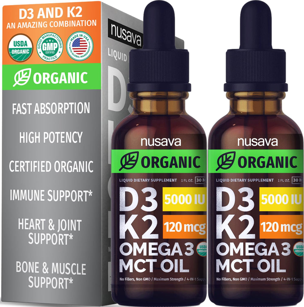 NUSAVA D3 K2 drops bottle shows high potency organic formula.