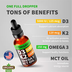 NUSAVA D3 K2 drops label highlights organic, non-GMO ingredients.