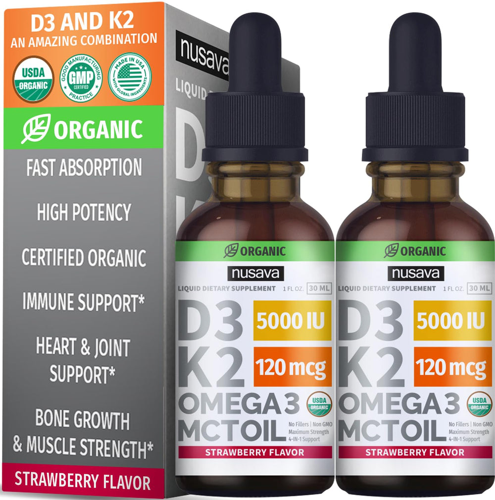 NUSAVA D3 K2 drops bottle with strawberry flavor for daily support