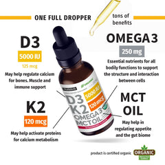 Label highlights organic ingredients and no fillers in NUSAVA D3 K2 drops