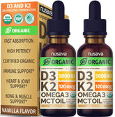 NUSAVA D3K2 Drops bottle front with vanilla flavor for fast absorption.