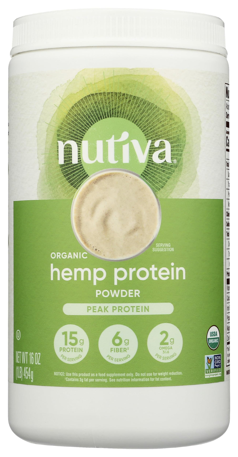 Nutiva hemp protein powder in a jar, perfect for smoothies.