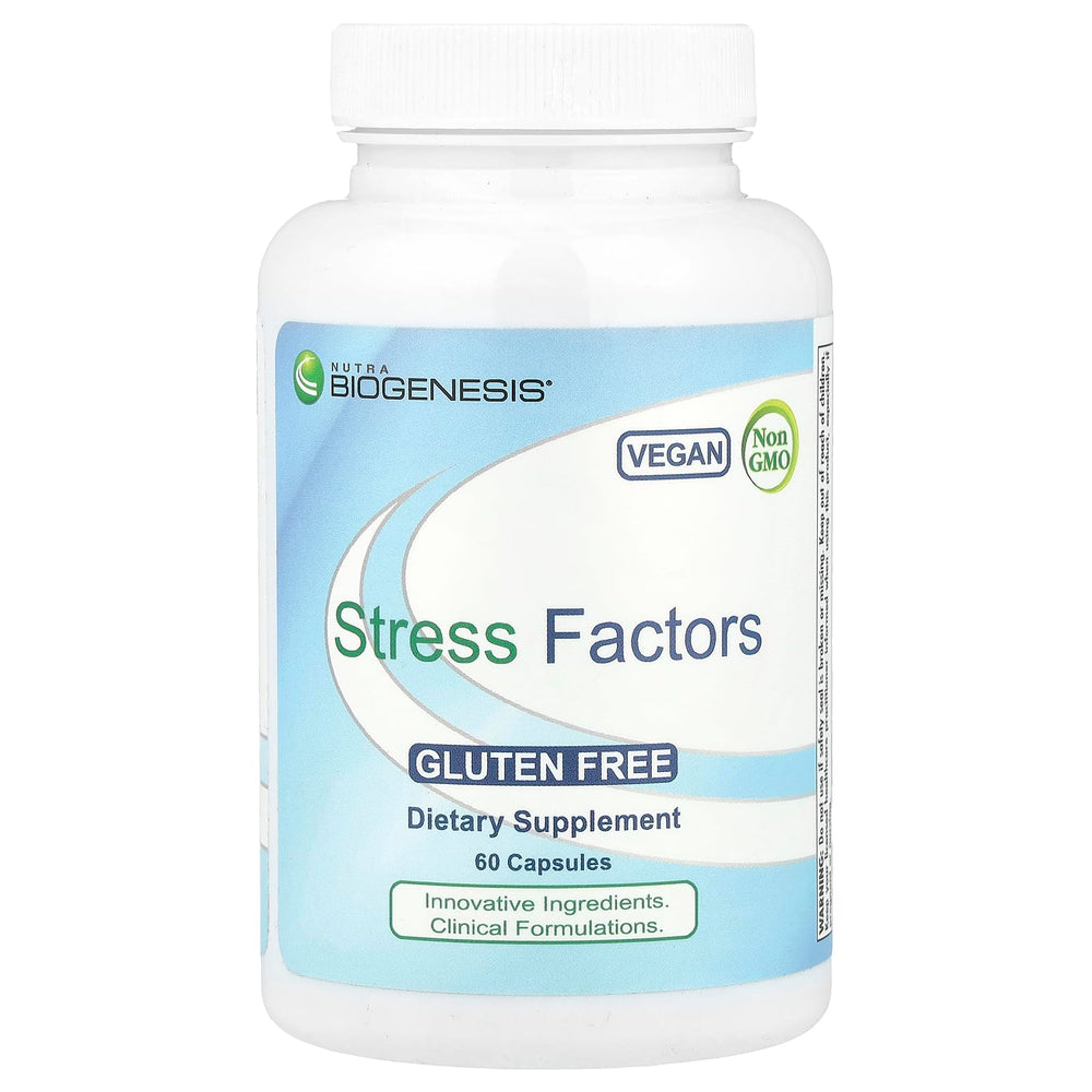 Nutra BioGenesis Stress Factors bottle front showing calming support benefits
