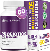 Nutra Wave 50B Probiotics bottle showing strong gut health potential.