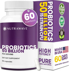 Nutra Wave 50B Probiotics bottle showing strong gut health potential.