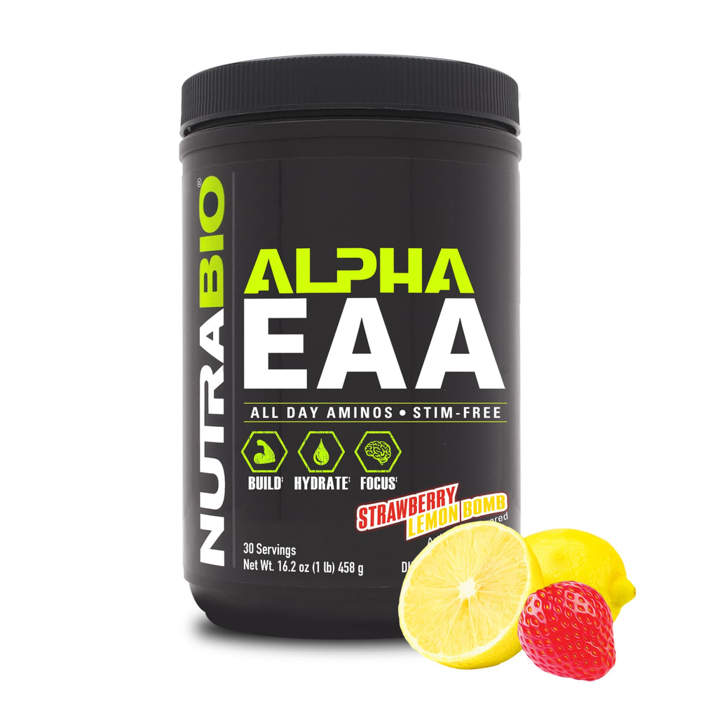 NutraBio Alpha EAA front label showing full-spectrum amino acids for recovery