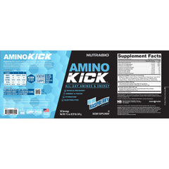 NutraBio Amino Kick blue raspberry scoop highlighting amino blend for workouts