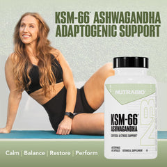 NutraBio Ashwagandha KSM-66 capsules close-up highlighting the 600 mg dose