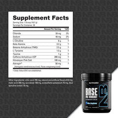 NutraBio Base Pre-Workout powder in glass highlights hydration-friendly mix.