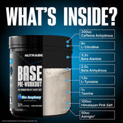 NutraBio Base Pre-Workout scoop close-up for quick, consistent dosing.