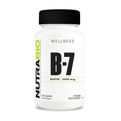 NutraBio Biotin 5000mcg bottle front view with clear dosage label