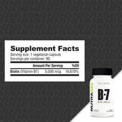 NutraBio Biotin 5000mcg label closeup showing purity and testing