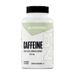 NutraBio caffeine capsules bottle close-up highlighting pure caffeine for focused energy
