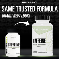 NutraBio caffeine capsules packaging front showcases clean, filler-free formula for straightforward use