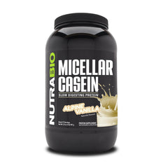 NutraBio casein protein powder vanilla bottle showing slow-digesting overnight recovery concept