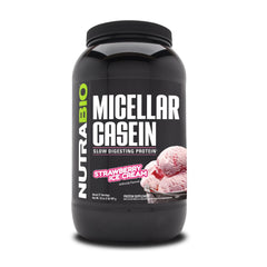 NutraBio Casein strawberry ice cream tub highlighting slow-release protein for overnight recovery