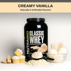 Label close-up of NutraBio Classic Whey showing transparent ingredients.