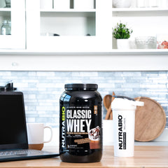 NutraBio Classic Whey label close-up showing WPC80 source and transparent ingredients
