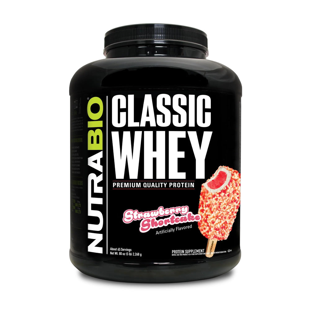 NutraBio Classic Whey Strawberry Shortcake bottle supports daily protein goals with clean ingredients.