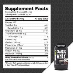 NutraBio Classic Whey protein tub back showing nutrition panel for intake guidance.