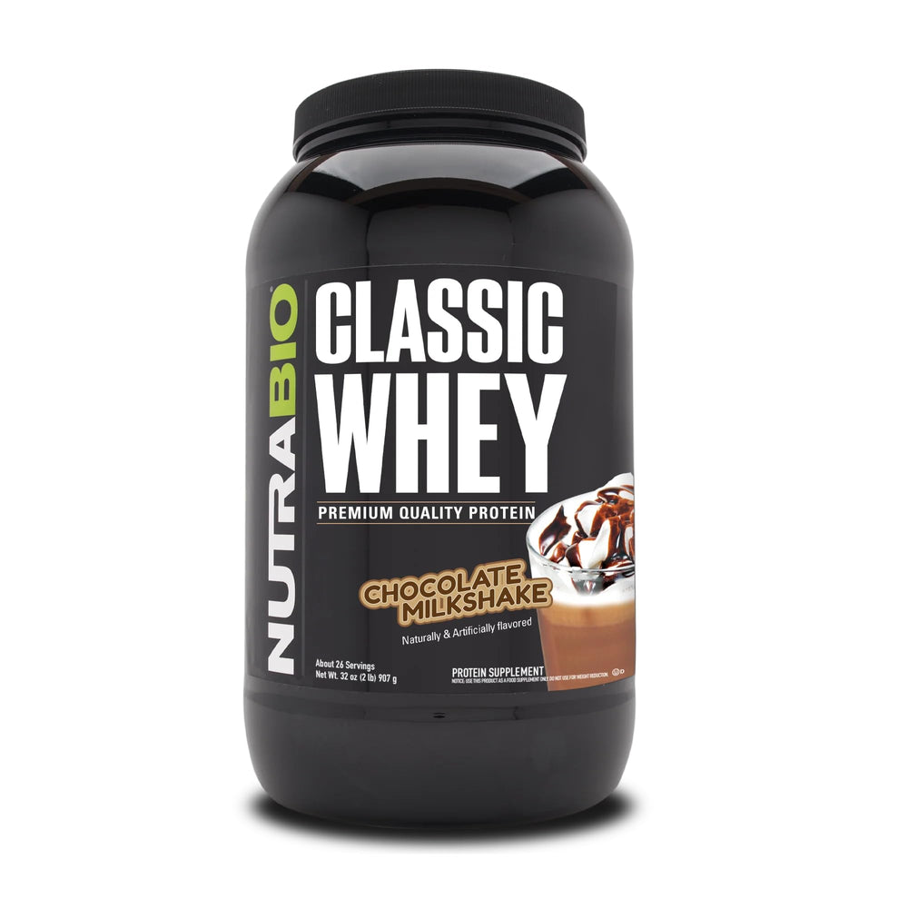 NutraBio Classic Whey tub front showing protein-packed powder for muscle support