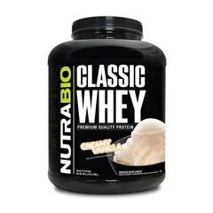 NutraBio Classic Whey Vanilla bottle pouring, ideal for post-workout fueling