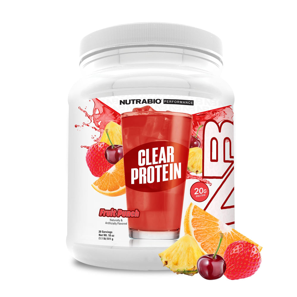 NutraBio Clear Fruit Punch powder tub front for a refreshing post-workout option