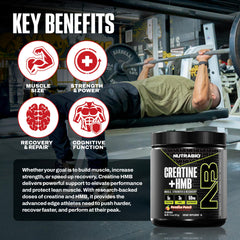 NutraBio Creatine + HMB label closeup shows per-serving 5 g creatine.