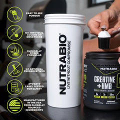 NutraBio Creatine + HMB powder jar emphasis on high purity and quality packaging.