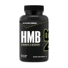 NutraBio HMB bottle on a clean desk signaling strength support during workouts.
